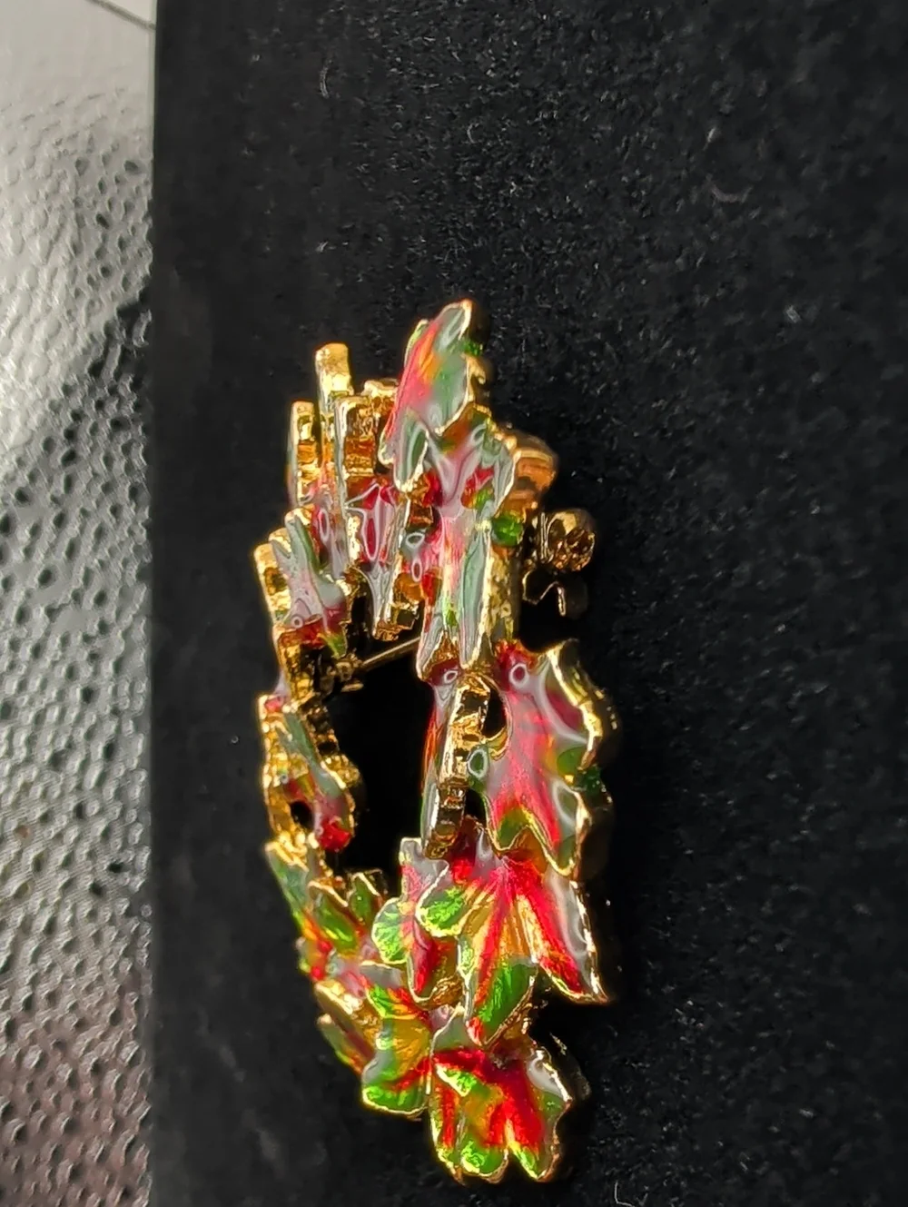 Holiday Leaf Wreath Enamel Brooch - Red & Green, 2 1/4